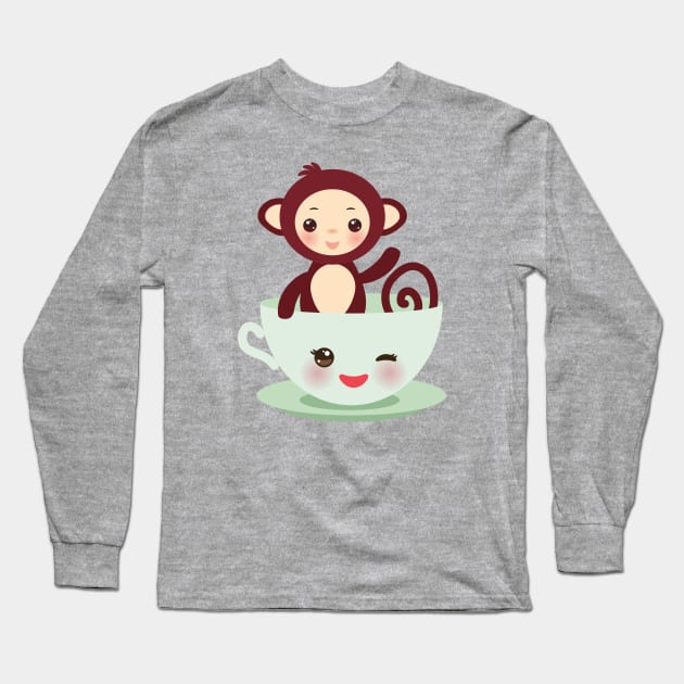 Cute Kawaii cup with brown monkey Long Sleeve T-Shirt by EkaterinaP